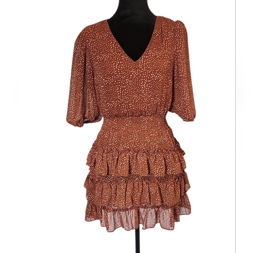 1. State Elegant Brown Ruffle Dot Mini Dress With Puff Sleeves, XS